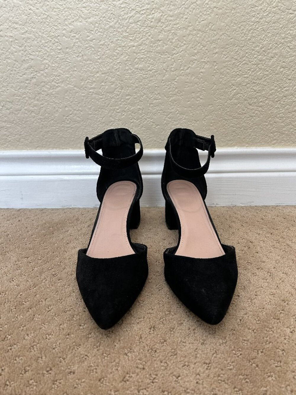 Black Suede Pointed-Toe Ankle-Strap Block Heels, Size 9.5
